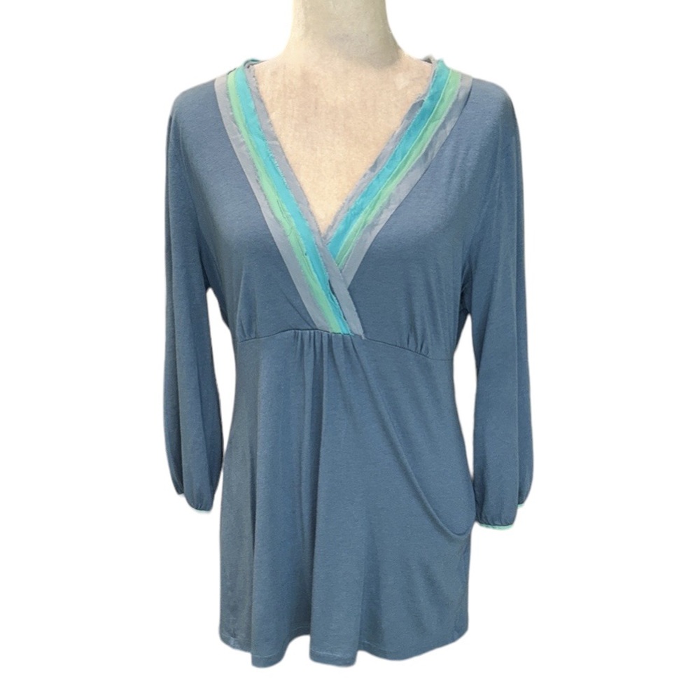 Boden Blue Jersey Knit Cotton Layered V-Neck Tunic Top - 10